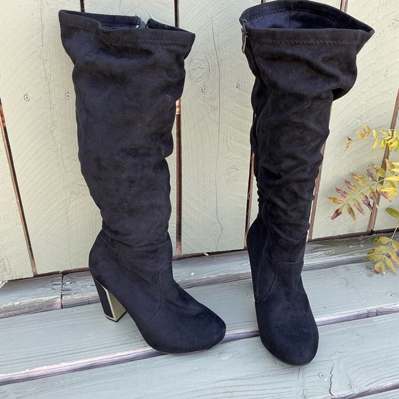 Torrid Black Slouch Boots with Gold Metal Trim Heel ~ Size 10 W - Picture 1 of 8
